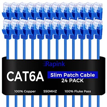 Rapink Patch Cables Cat6a 05ft 24 Pack Slim Cat6a Ethernet Patch Cable 10G Support Snagless Cat 6 Patch Cable for Patch Panel to Switch Flexiable Cat 6a Ethernet Cable with Gold Plated