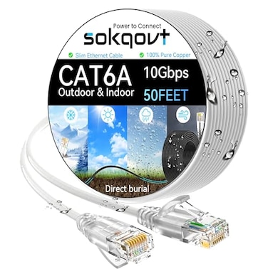 Sokqovt Cat6a Ethernet Cable Slim 50ft OutdoorIndoor 28AWG Pure Copper Cat6 Internet Cable for Waterproof Direct Burial Flexible Cat6 Ethernet Cable 10G 550MHZ Cat 6 Network cable for Indoor White