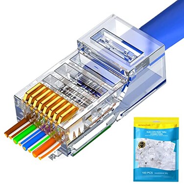 PETECHTOOL RJ45 Cat6 Cat5 Connectors Ends Gold Plated 8P8C Ethernet Pass Through Plug 100Pack