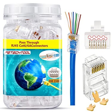PETECHTOOL RJ45 23AWG Cat6a Cat6 Connector Gold Plated 8P8C Pass Through Ends UTP Network Plug for Unshielded Twisted Pair Solid Wire Standard Cables Transparent Passthrough Ethernet Connector 100Pack