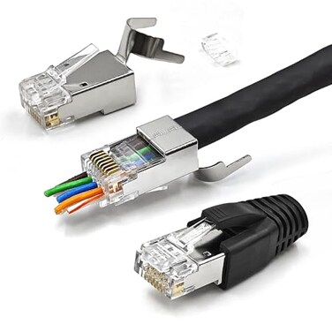 XANHAM 30 Pack Cat7 Cat6A Pass Through Shielded RJ45 Connector Modular Network 50 GoldPlated Plug for Cat 6 Cat 6A Cat 7 and Cat 8 with Strain Relief Boots