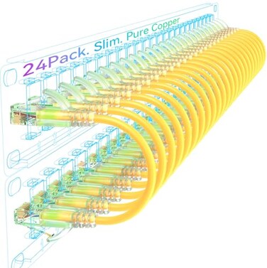 Sokqovt Cat6a Patch Cables Slim 05ft 24 Pack Flexible Cat6 Ethernet Cable 10G 550MHZ 28AWG Pure Copper Cat6 for Network Cabinet Yellow