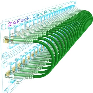 Sokqovt Cat6a Slim Ethernet Patch Cable 05ft 24 Pack Flexible 10G 550MHZ 28AWG Pure Copper for Network Cabinet Cat 6 Green