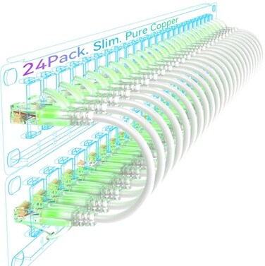 Sokqovt Cat6a Patch Cables Slim 1ft 24 Pack Flexible Cat6 Ethernet Cable 10G 550MHZ 28AWG Pure Copper Cat6 for Network Cabinet White