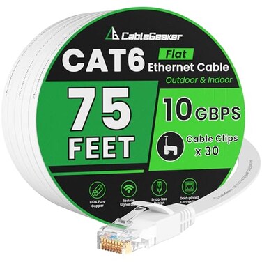 CableGeeker Cat 6 Ethernet Cable 75 ft IndoorOutdoor High Speed 10Gbps Flat Internet Network Cable Pure Copper Ethernet Patch Cable Long Computer LAN Cable with Clips Straps for Router Modem PS45 Whit
