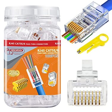 PETECHTOOL RJ45 CAT6 Connector End Pass Through Ethernet Cat6 Ends 8P8C Modular Plug for Solid or Stranded UTP Ethernet Cable 100 Packs with Wire Stripper