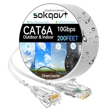 Sokqovt Cat6a Ethernet Cable Slim 200ft OutdoorIndoor 28AWG Pure Copper Cat6 Internet Cable for Waterproof Direct Burial Flexible Cat6 Ethernet Cable 10G 550MHZ Cat 6 Network cable for Indoor White