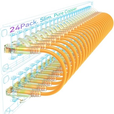 Sokqovt Cat6a Slim Ethernet Patch Cable 05ft 24 Pack Flexible 10G 550MHZ 28AWG Pure Copper for Network Cabinet Cat 6 Orange