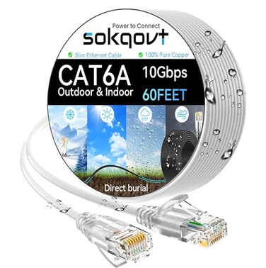 Sokqovt Cat6a Ethernet Cable Slim 60ft OutdoorIndoor 28AWG Pure Copper Cat6 Internet Cable for Waterproof Direct Burial Flexible Cat6 Ethernet Cable 10G 550MHZ Cat 6 Network cable for Indoor White