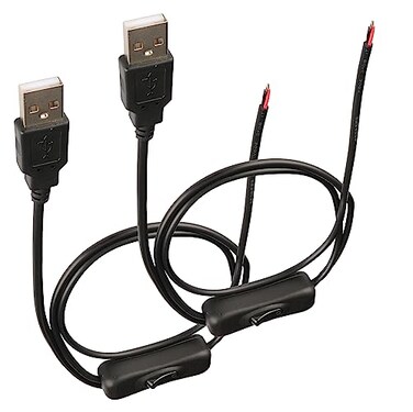 HCFeng DC 2pin USB Cable with ONOff Switch USB 20 A Male Plug 2 Pin 2 Bare Wire Charge Cable Connector with Power Switch for 5V12V PCLED Desk LampUSB FanLED Stripsblack2PACK1M33ft