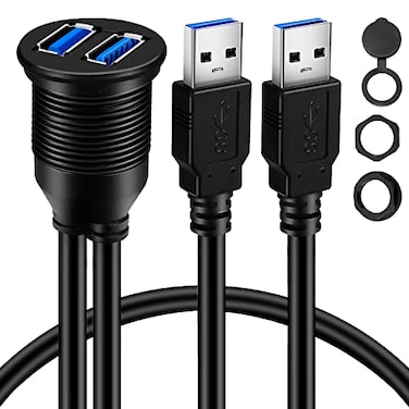 BATIGE 2 Ports Dual USB 30 Male to USB 30 Female AUX Flush Mount Car Mount Extension Cable for Car Truck Boat Motorcycle Dashboard Panel 1ft