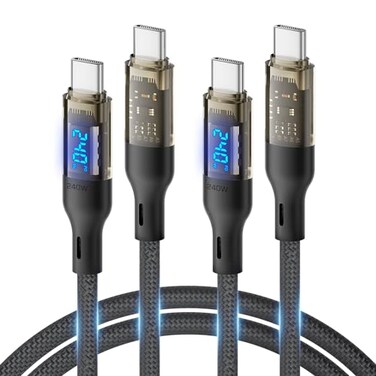 SOOPII 240W USB C to USB C Cable4ft 2PackFast Charging USB C Cable with LED Display for Galaxy S23S23UltraS22UltraMacBook ProlPhone161515Pro15ProMaxetcTransparent ShellBlack
