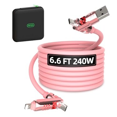MFish 4in1 Fast Charging Cable 66FT 240W PD 31 USBAUSBC to USBC Lightning Silicone Multi Charging Cable with Case CarPlay Compatible for iPhone 1716 Series MacBook iPad Pink