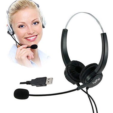 TelPal Corded HandsFree Call Center Noise Cancelling Binaural USB Headset Headphones with MicMicrophone Cord with USB Plug Volume Control for ComputerPCLaptop Use Only