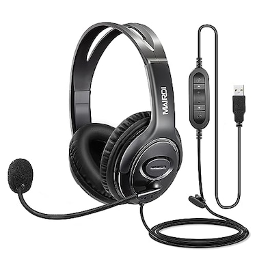 MAIRDI USB Headset with Microphone for PC Computer Headset with Mic Noise Canceling for Laptop Teams Zoom Office Work Call Center Business Softphone Dictation Headset for Dragon Naturelly Speaking