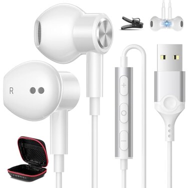 HGCXING USB Headphones for PC Laptop Magnetic 75ft Wired EarbudsComputer Headset with Mic Control Mute Noise Isolate Cord in Ear Gaming Earphone for MacBook Pro Office Work School Zoom Chromebook