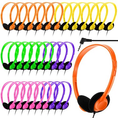 Yunsailing 30 Pack Bulk Headphones Set Over Ear Headphones with Adjustable Headband 35mm Plug Headsets Earphones for Learning Program Computer Lab Library Testing Multimedia Use Light Color