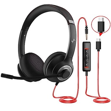 JIAMQISHI USB Headset with Microphone for PC OnEar Computer Laptop Headphones with Noise Cancelling Mic inline Control for Home Office Online Class Zoom Type C35mm Black