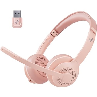 JIAMQISHI Wireless Headset with AI Noise Cancelling Microphone Bluetooth Headset Bluetooth V52 Headphones with USB Dongle Mic Mute for ComputerLaptopPCiPhoneAndroidCell Phones Pink