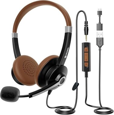 Arama USB Headset with Microphone for PC Computer Headset with NoiseCanceling Mic inLine Controls Connects to PCCellphoneTablet via USBAUSBC35mm Jack