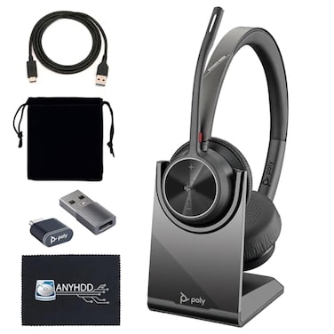 ANYHDD Poly Voyager 4320 UC Wireless Headset Charge Stand Stereo Headphones with NoiseCanceling Boom Mic Charging Station USBC to A Adapter USB C Dongle USB AC Cable Pouch Microfiber Cloth