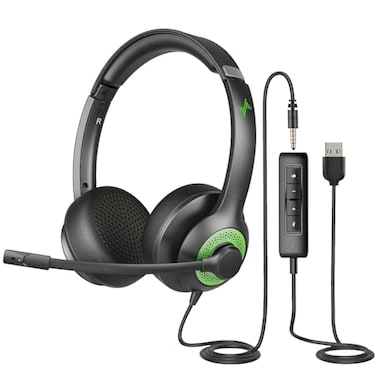 JIAMQISHI USB Headset with Mic for PC OnEar Computer Laptop Headphones with Noise Cancelling Microphone inline Control for Home Office Online Class USB35mm Green