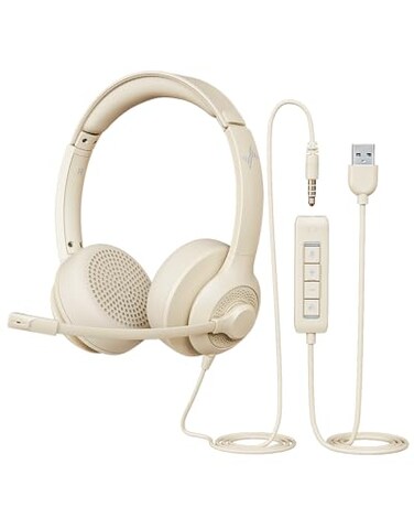 JIAMQISHI USB Headset with Microphone for PC OnEar Computer Laptop Headphones with Noise Cancelling Mic inline Control for Home Office Online Class Zoom USB35mm Apricot