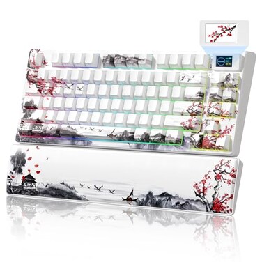 Womier 75 Wireless Mechanical Keyboard with Color Multimedia Screen Gaming Creamy Keyboard Theme 3Modes Hot Swappable Key Board wWrist RestSK80 PRO Gasket RGB Custom for MacWinRed Plum