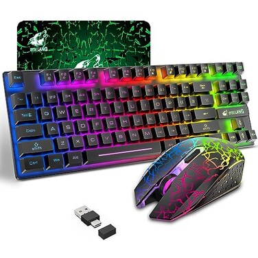 ZIYOU LANG Wireless Gaming Keyboard and Mouse Combo with 87 Key Tenkeyless Rainbow LED Backlight Rechargeable 3800mAh Battery Antighosting Ergonomic Waterproof RGB Mute Mice for Computer PC Gamer Blac