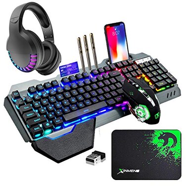ZIYOU LANG Wireless Gaming Keyboard Mouse Bluetooth Headset Kit with 16 RGB Backlit Rechargeable Battery Metal Mechanical Ergonomic Waterproof Dustproof Removable Palm Rest for Laptop PC GamerRainbow