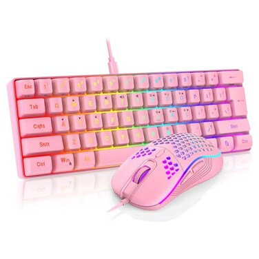 RedThunder 60 Gaming Keyboard and Mouse Combo UltraCompact 61 Keys RGB Backlit Mini Keyboard Lightweight 7200 DPI Honeycomb Optical Mouse RGB Wired Gaming Set for PC MAC PS5 Xbox GamerPink