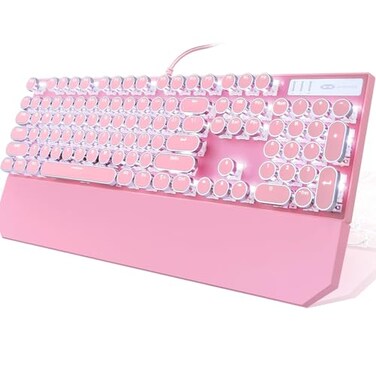 Camiysn Typewriter Style Mechanical Gaming Keyboard Pink Retro Punk Gaming Keyboard with White Backlit 104 Keys Blue Switch Wired Cute Keyboards Round Keycaps for WindowsMacPC