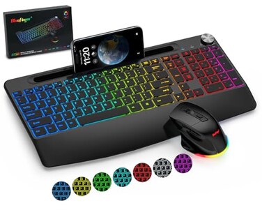 BlueFinger Wireless Keyboard and Mouse Combo Backlit 24G Rechargeable Ergonomic Gaming Keyboard with Wrist Rest Phone Holder Volume Knob Silent Light Up Keyboard with Mouse for Computer Laptop