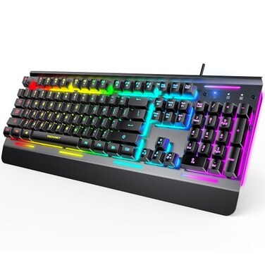 TECKNET Gaming Keyboard USB Wired Computer Keyboard 15Zone RGB Illumination IP32 Water Resistance 25 Antighosting Keys AllMetal Panel Whisper Quiet Gaming Switch