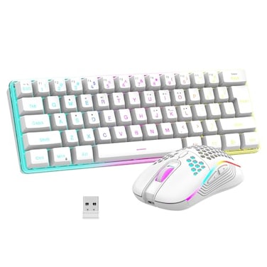 RedThunder 60 Wireless Gaming Keyboard and Mouse Combo 2500mAh Rechargeable Battery UltraCompact Small RGB Mechanical Feel Keyboard Lightweight Honeycomb Optical Mouse for GamingBusiness White