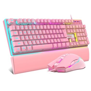 RedThunder K10 Wired Gaming Keyboard and Mouse and Wrist Rest Combo RGB Backlit Mechanical Feel Antighosting Keyboard 7D 7200 DPI MiceSoft Leather Wrist Rest 3 in 1 PC Gamer AccessoriesPink