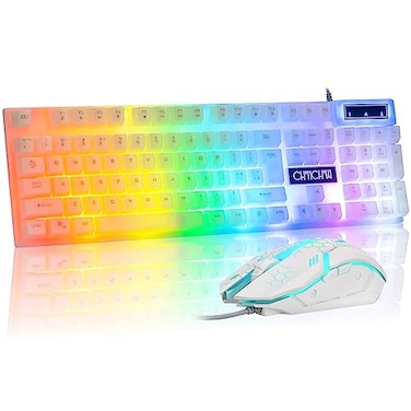 CHONCHOW LED Keyboard and Mouse 104 Keys Rainbow Backlit Keyboard and 7 Color RGB Mouse White Gaming Keyboard and Mouse Combo for PC Laptop Xbox PS4 Gamers and Work