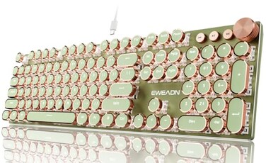 SEUNKWANG EWEADN Wired Typewriter Mechanical Keyboard Low Noise Retro Punk Keyboard with Media Knob White Backlit Metal Panel 104Key Round Keycaps gaming Keyboard for Windows PC Pink Switch Green
