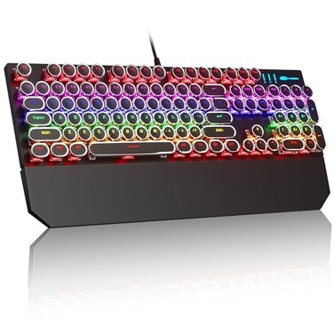 MageGee Typewriter Mechanical Gaming Keyboard Retro Black Punk Round Keycaps RGB Rainbow Backlit Wired Keyboards for Laptop MAC PC Gamer with Magnetic Wrist Rest Blue Switch