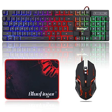 BlueFinger RGB Gaming Keyboard and Backlit Mouse Combo USB Wired LED Gaming Set for Laptop PC Computer Game and Work