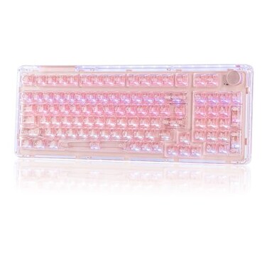 KiiBoom Phantom 98 Crystal Mechanical Gaming Keyboard Transparent Keyboard with RGB Backlits HotSwappable Shine Through Clear Keycaps 3 Modes Wireless 8000mAh Battery NKRO for WinMac Pink