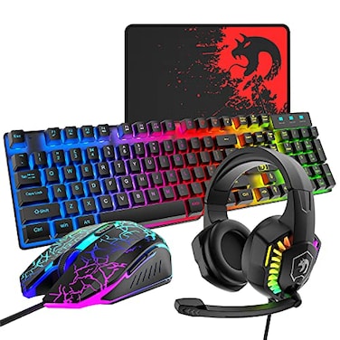 MANBASNAKE Wired Gaming Keyboard and Mouse Headset ComboRainbow LED Backlit Wired KeyboardOver Ear Headphone with MicRainbow Backlit Gaming MiceMouse Padfor PCLaptopMacPS4XboxBlack