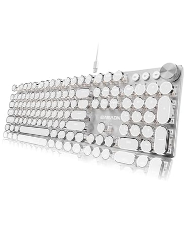 SEUNKWANG EWEADN Wired Typewriter Mechanical Keyboard Quiet White Linear Switches Retro Punk Style with Media Knob Elegant Backlit Metal Panel 104Key Round Keycaps Cute Keyboard for Windows PC Pure Wh