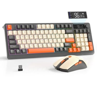 FREEWOLF T96 Smart Display Wireless Gaming Keyboard and Mouse Comb 94Key LED Lighting Rechargeable Silent Membrane Keyboard with Knobs 2000mAh Battery 6Button 4KDPI Mouse for WinMacGlimmer