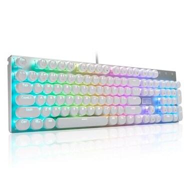 HUO JI EYooso Z88 Wired Typewriter Style Mechanical Gaming Keyboard Programmable RGB Backlit Blue Switches Clicky USBC Cable Metal Panel 104 DoubleShot Keycaps for PC White