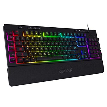 Redragon K512 Shiva RGB Backlit Membrane Gaming Keyboard with Multimedia Keys Linear MechanicalFeel Switch 6 Extra OnBoard Macro Keys Dedicated Media Control Detachable Wrist Rest