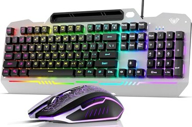 AULA Gaming Keyboard and Mouse 104 Keys RGB Backlit Computer Keyboards Mouse and Keyboard Combo with Number Pad AllMetal Panel Wired PC Keyboard for Laptop Win XP7810 T102 New Update Version
