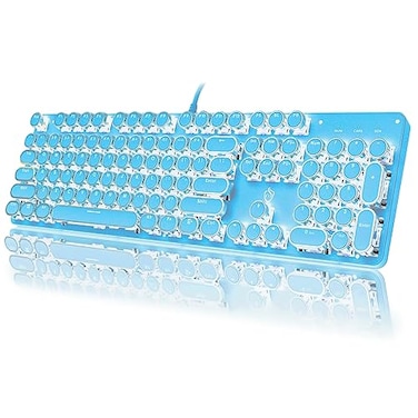 YSCP Typewriter Style Mechanical Gaming Keyboard White Backlit Wired with Blue Switch Retro Round Keycap 104 Keys Keyboard Blue
