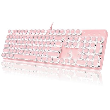 YSCP Typewriter Style Mechanical Gaming Keyboard White Backlit Wired with Blue Switch Retro Round Keycap 104 Keys Keyboard Pink