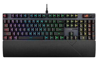 ASUS ROG Strix Scope II Gaming Keyboard prelubed ROG RX Red Linear Optical switches Sounddampening Foam PBT doubleshot keycaps Streaming hotkeys MultiFunction Controls Wrist Rest